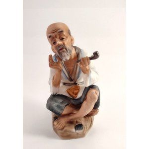 Vintage ARDCO Japanese Asian Old Man Villager Sitting Smoking Pipe Figurine